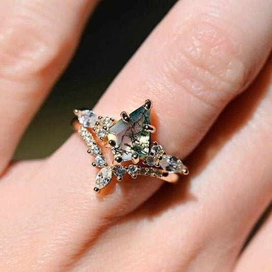 2pcs Fashion Rings Natural Green Moss Stone Agate Ring For Women Personalized Jewelry - Here2Save
