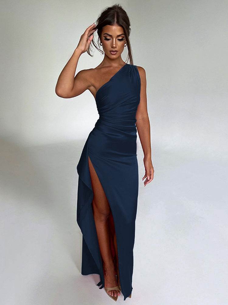 One-shoulder Pleated Split Sexy Satin Dress Elegant Slim-fit Solid Color - Here2Save