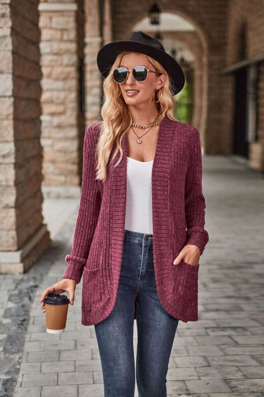 Autumn Solid Color Sunken Stripe Brushed Stitching Long Sleeve Cardigan Jacket - Here2Save