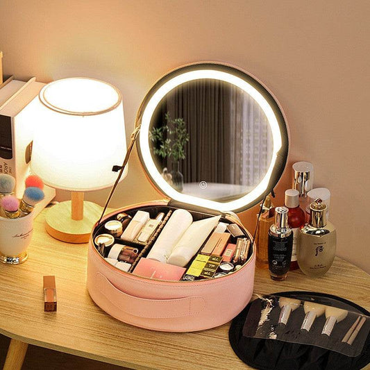 Round Smart LED Makeup Bag With Mirror Lights Women Beauty Bag Large Capacity PU Leather Travel Organizers Cosmetic Case - Here2Save