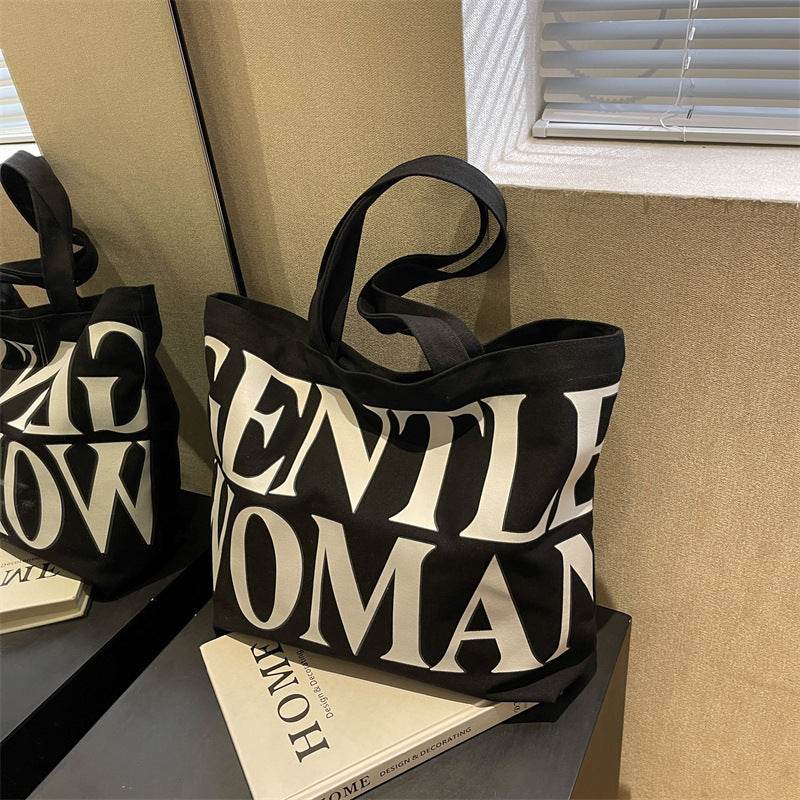 Large Capacity Canvas Bag Women Letter Printed Shoulder Travel Simple Handbags Travel Casual Daily Shopping Bags Totes - Here2Save
