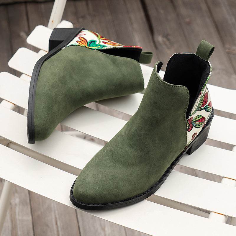 Flowers Printed Ankle Boots Fashion Side Zipper V-cut Square Heel Shoes For Autumn Winter Pionted Toe Boot Women - Here2Save