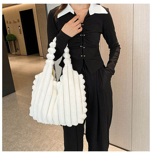 Striped Design Plush Bag Winter Fashion Shoulder Armpit Bags Large Capacity Furry Handbags Portable Cute Shopping Tote Bag - Here2Save