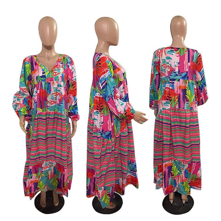 Oversized V-neck Printed Dress Retro French Women - Here2Save