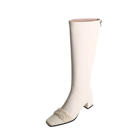 French Pearl Square Toe High Boots With Thick Heel And Thin Leather - Here2Save