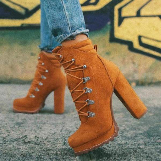 Heeled Boots For Women Round Toe Lace UP High Heels Boots Mid Calf Shoes - Here2Save