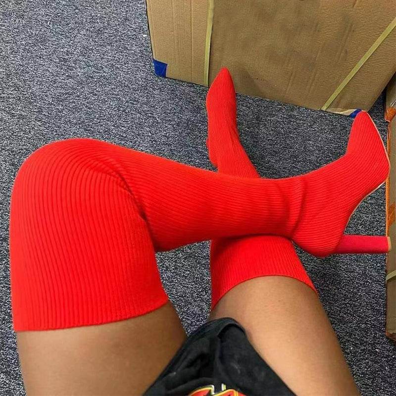 Over Knee Long Boots Pointed Toe High Heel Stretch Knitting Shoes Women Winter Boot - Here2Save