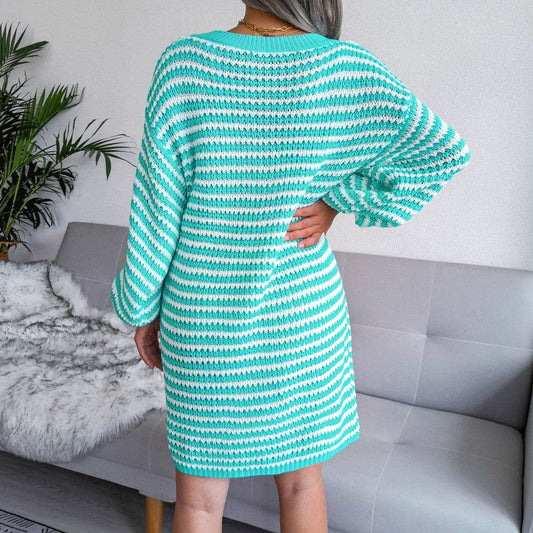 Ins Striped Sweater Dress V-neck Long Sleeve Dresses For Women - Here2Save