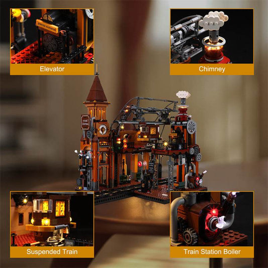 Steampunk Train Station Building Blocks Light Puzzle Model Toys - Here2Save