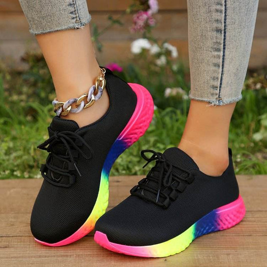 Lace-up Mesh Shoes With Rainbow Sole Design Fashion Walking Running Sports Shoes Sneakers For Women - Here2Save