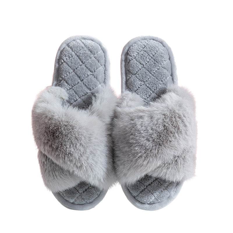 Cross-strap Furry Slippers Warm House Shoes For Women Winter Casual Flip Flops Fluffy Shoes Slides Soft Plush Home Indoor Slippers - Here2Save