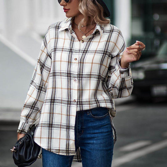 Women's New Casual Loose Boyfriend Plaid Shirt - Here2Save