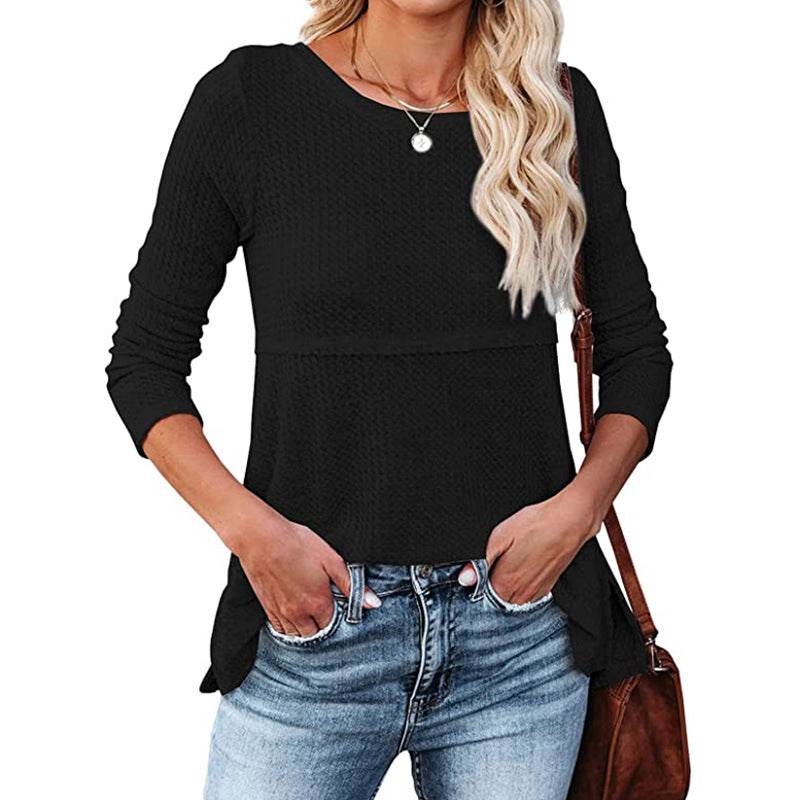 Women's Waffle Fashion Back Hollow Round Neck Long Sleeve Top - Here2Save