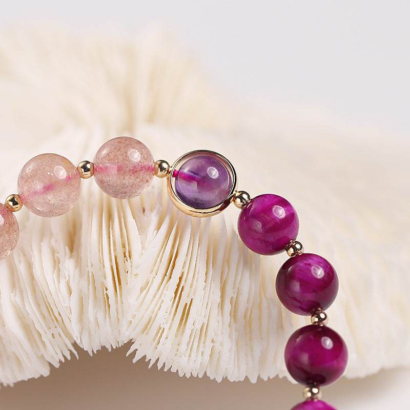 New Original Two-Color Sandwich Crystal Bracelet Female Rose Red Tiger Eye Stone Strawberry Crystal Amethyst Couple Bracelet - Here2Save