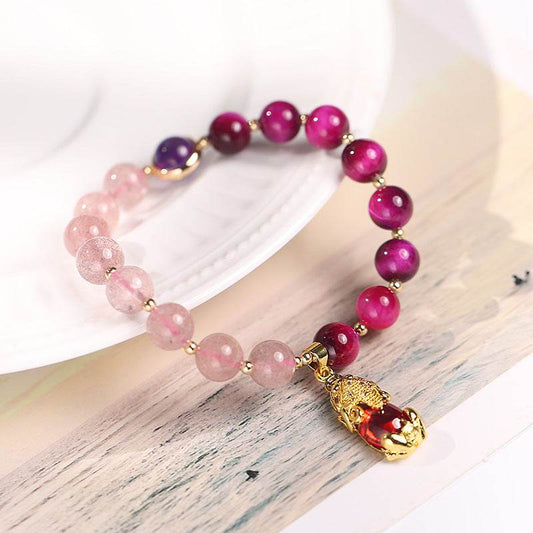 New Original Two-Color Sandwich Crystal Bracelet Female Rose Red Tiger Eye Stone Strawberry Crystal Amethyst Couple Bracelet - Here2Save