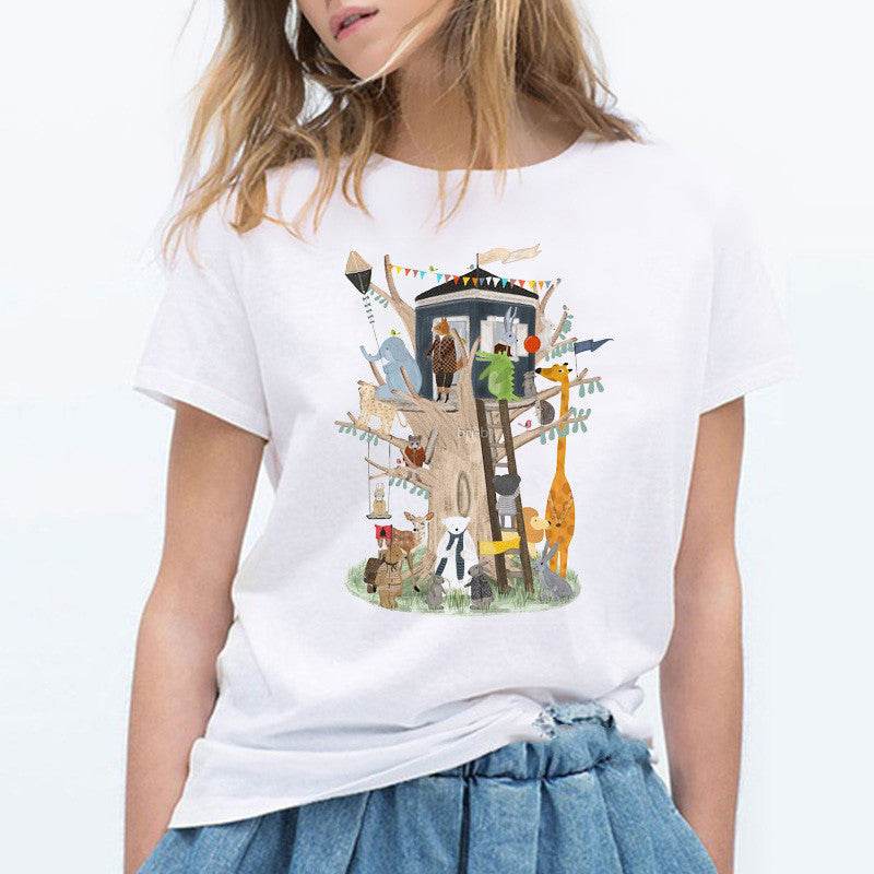 Ladies Cute Cartoon Music Zoo Print Ladies T Shirt - Here2Save