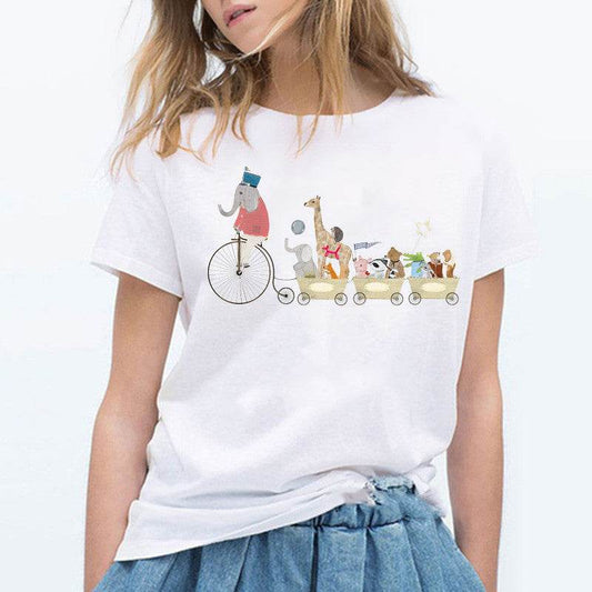 Ladies Cute Cartoon Music Zoo Print Ladies T Shirt - Here2Save