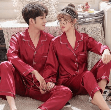 New Wedding Couple Pajamas Spring And Autumn Red Female Bridal Ice Silk Home Service Suit Natal Male Summer Bride - Here2Save