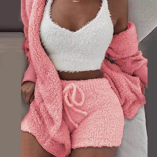 Winter Sexy Women Home Wear Suit Casual Pajamas Set Lady Female Soft Warm Long Sleeve Exposed Navel Vest Shorts Set - Here2Save