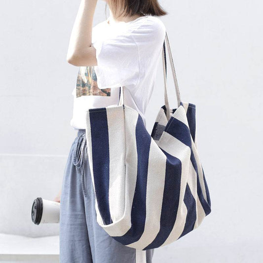 Striped Canvas Bags High Capacity Shoulder Bags For Women Fashion Shopper Handbags Casual Shopping Totes - Here2Save