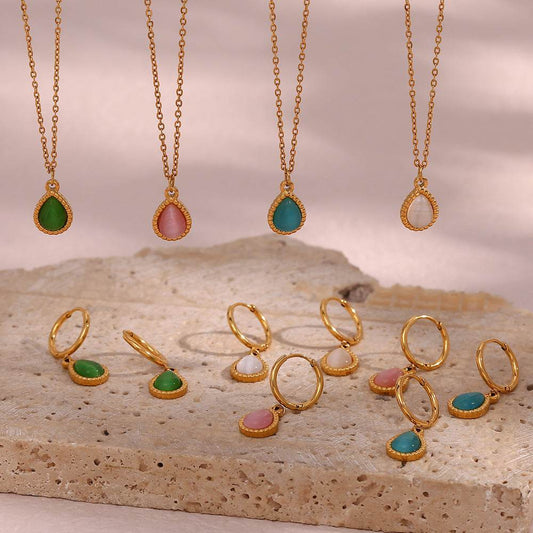 European And American Ins Fashion Minimalistic Water Drops Opal Earrings Stainless Steel Plated Necklace - Here2Save