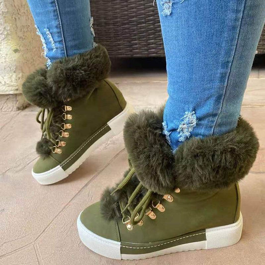 Lace-up Boots Cute Thick Sole Heighten Non Slip Snow Shoes Fall Winter Keep Warm Plush Lined Furry Ankle Boots Outdoor Walking Flat Shoes - Here2Save