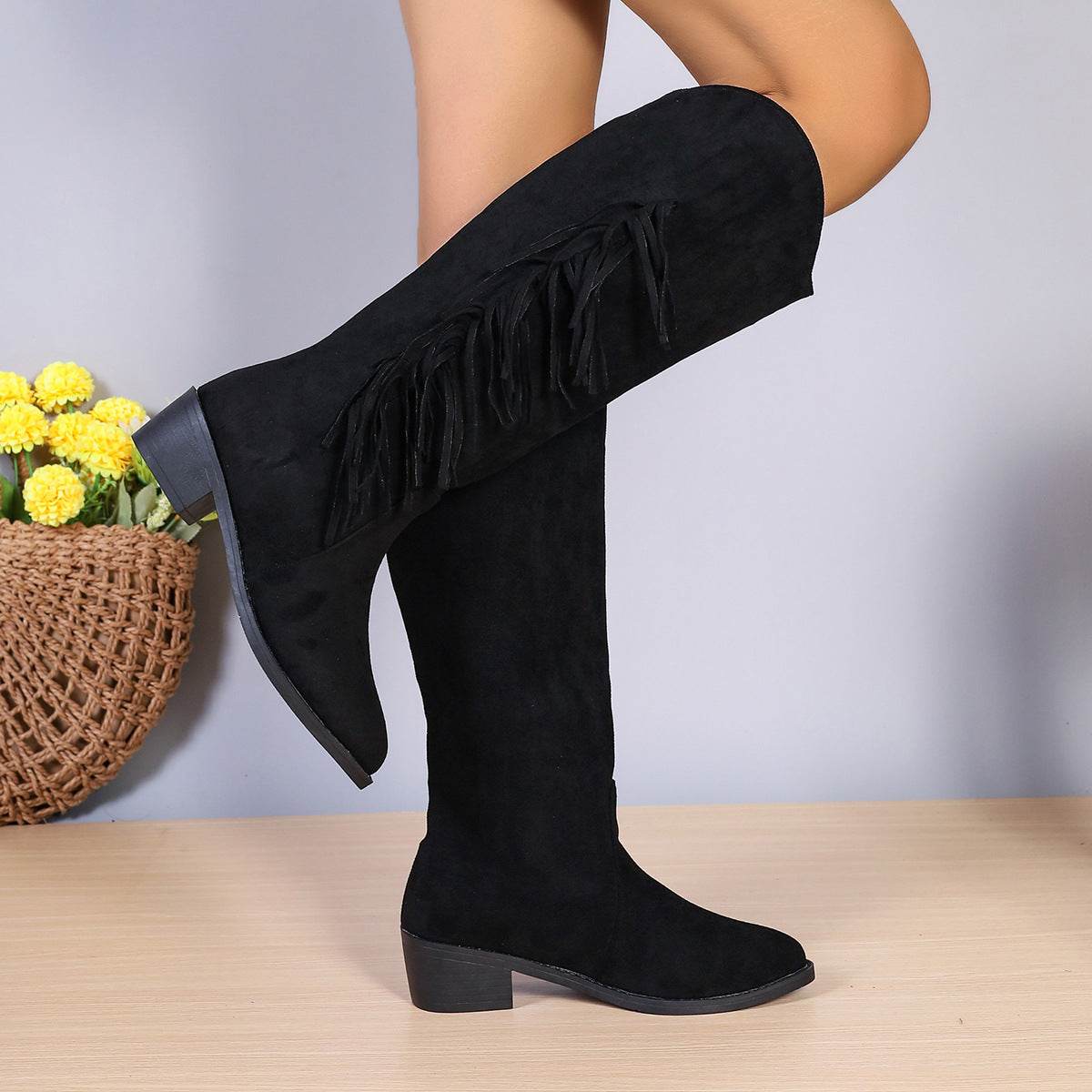Winter Fringe Chunky Heel Long Boot Fashion Slip On Suede Retro Tassel Boots Women's Pionted Toe Shoes Women Western Cowboy Boot - Here2Save