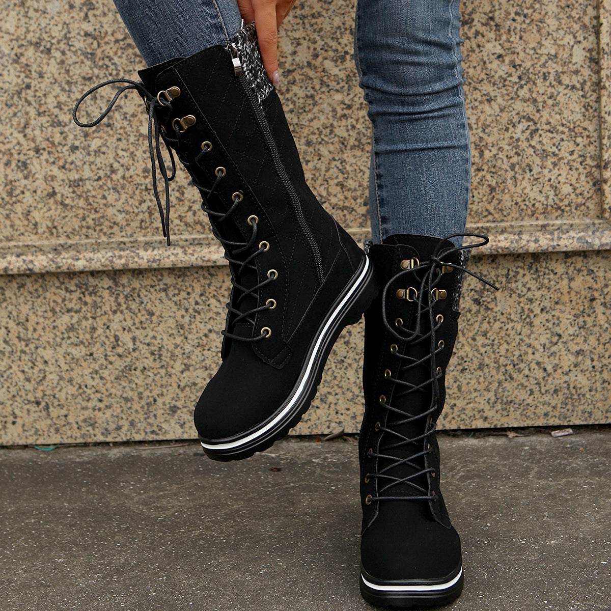 Mid Calf Lace-up Long Boots Women Flat Heels Round Toe Denim Cowboy Boots With Side Zipper Western Boots Fashion Autumn Winter Shoes - Here2Save
