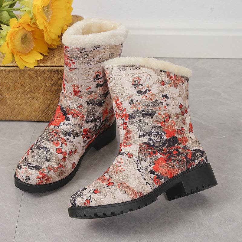 Fashion Flowers Print Ankle Boots With Plush Winter Warm Platform Shoes Women Lightweight Plus Velvet Ankle Boots - Here2Save