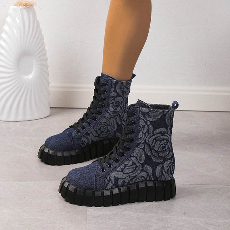 Women's Ankle Boots Floral Rose Pattern Platform Shoes Round Toe Lace-up Casual Boots Winter Flat Short Boot - Here2Save