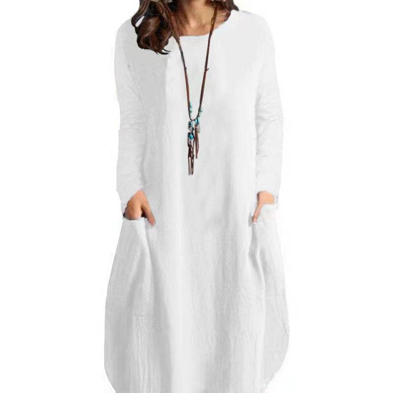 Women's Autumn Cotton And Linen Loose Casual Solid Color Long-sleeved Dress - Here2Save