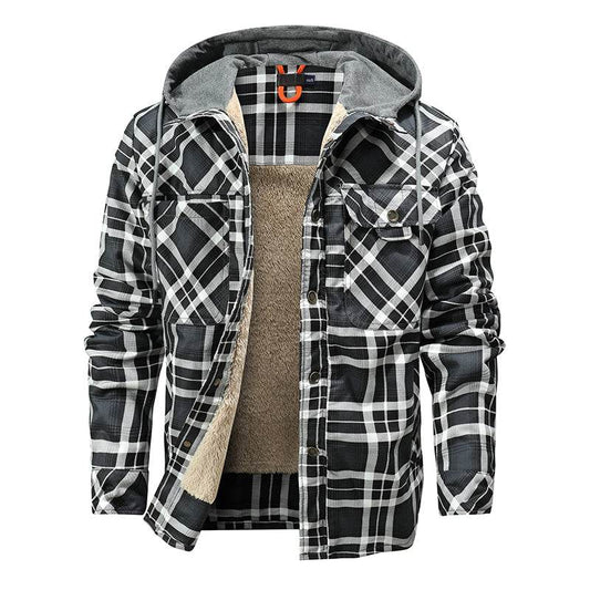 Men Warm Jacket Fleece Lining Lumberjack Plaid Hooded Jackets Snap Button - Here2Save