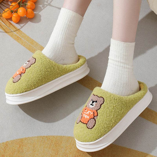 Lovely Cartoon Bear Woolen Slippers For Women Winter Indoor Thick-soled Non-slip Home Slippers Breathable Warm Bedroom Floor House Shoes - Here2Save