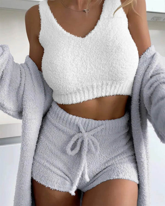 Thermal Three-piece Fluff Coat Spaghetti Strap Short Top Shorts Suit - Here2Save