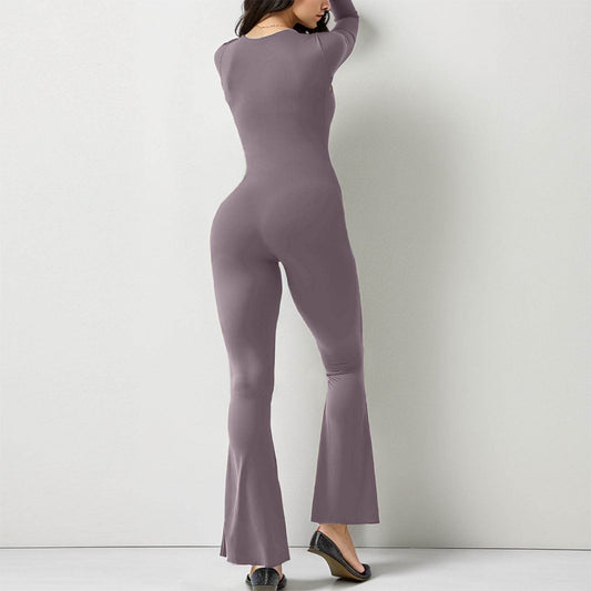 Women Long Sleeve Belly Waist Shaping And Hip Lift Square Collar Wide Leg High Elastic Jumpsuit - Here2Save