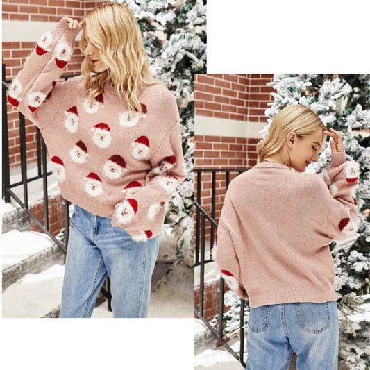 Christmas Sweater Women Cute Cartoon Santa Print Knit Sweater Winter Tops - Here2Save