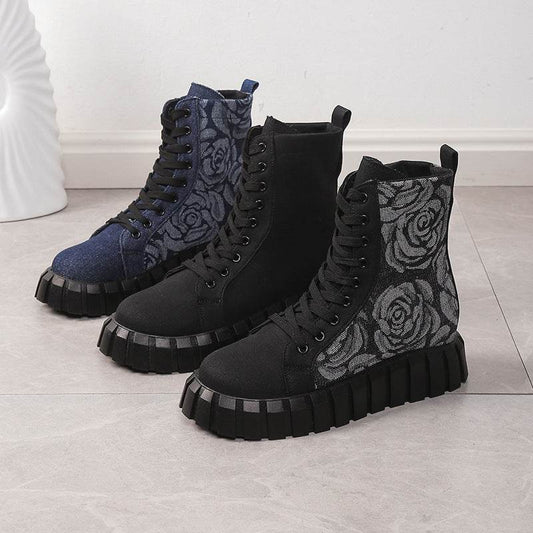 Women's Ankle Boots Floral Rose Pattern Platform Shoes Round Toe Lace-up Casual Boots Winter Flat Short Boot - Here2Save