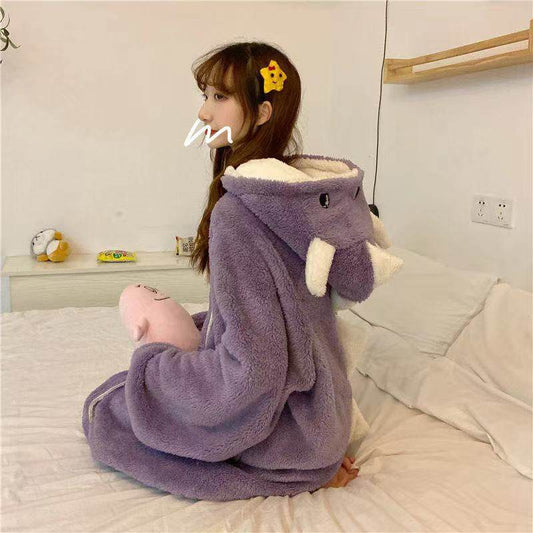 Autumn And Winter Coral Fleece Nightdress Female Cute Cartoon Dinosaur Nightgown Female - Here2Save