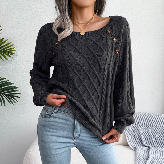 Square Neck Button Fried Dough Twist Knitting Sweater - Here2Save