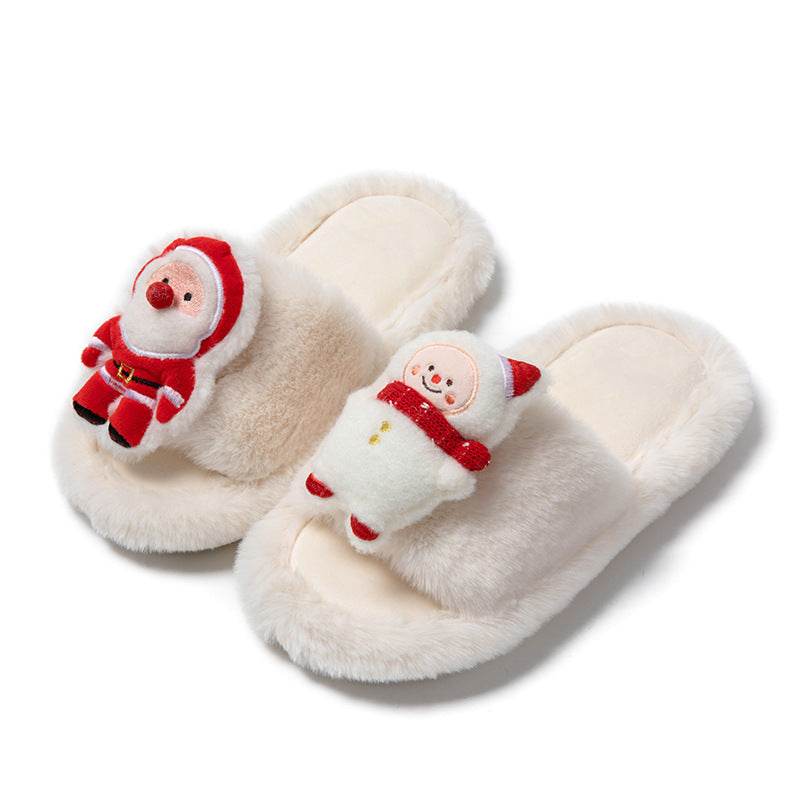 Christmas Shoes Ins Santa Claus Open-toe Cotton Slippers Winter Home Indoor Floor Plush Warm Furry Slippers Women - Here2Save