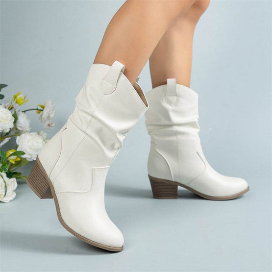 Vintage Western Cowboy Boots For Women Square Heels PU Leather Mid-Calf Shoes Autumn Winter Knight Boots Ladies - Here2Save