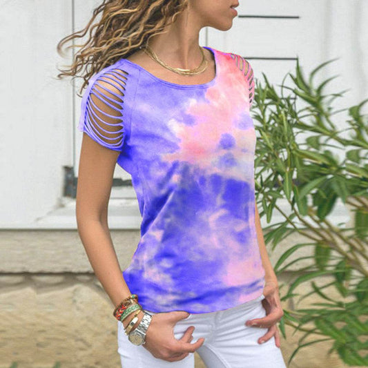 Ladies Tie-Dye Hole Burnt Strapless T-shirt - Here2Save