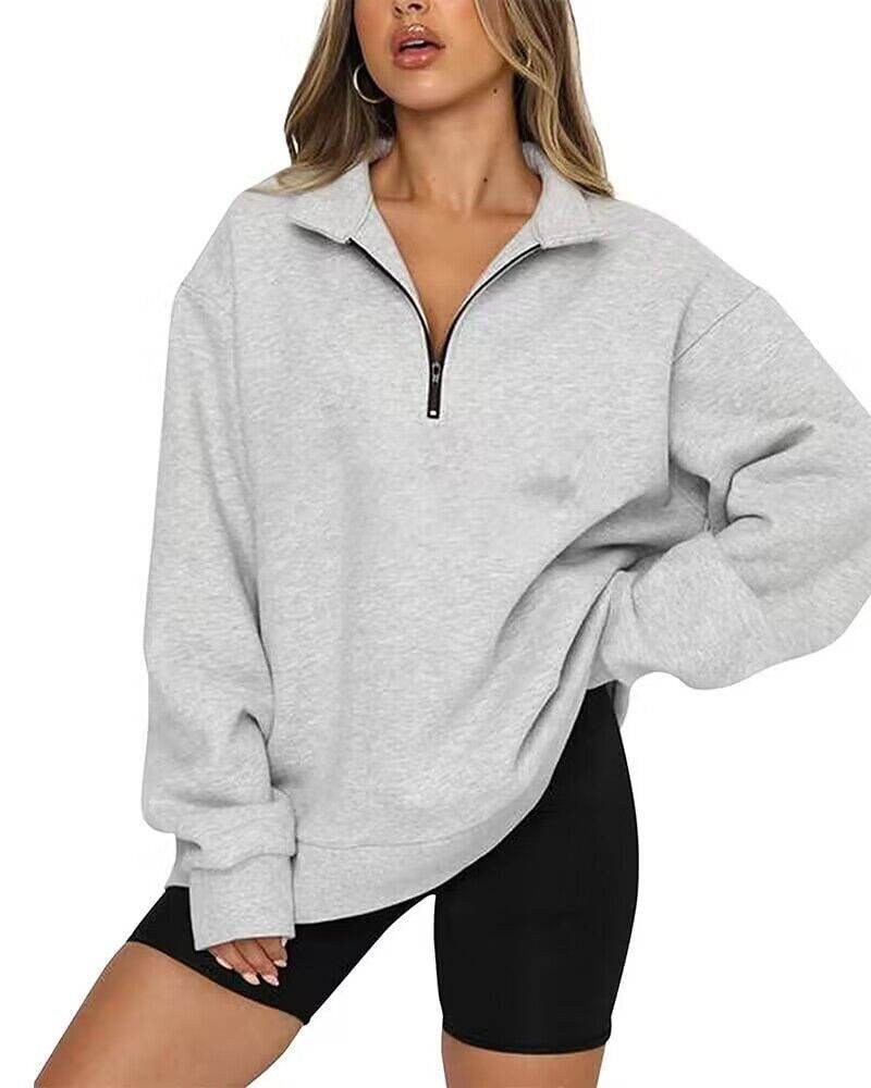 Women Sweatshirts Zip Turndown Collar Loose Casual Tops Clothes - Here2Save