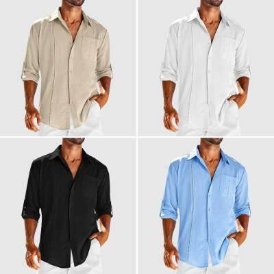 Casual Long Sleeve Shirt With Pocket Lace Polo Collar Solid Color Button Mens Clothing - Here2Save