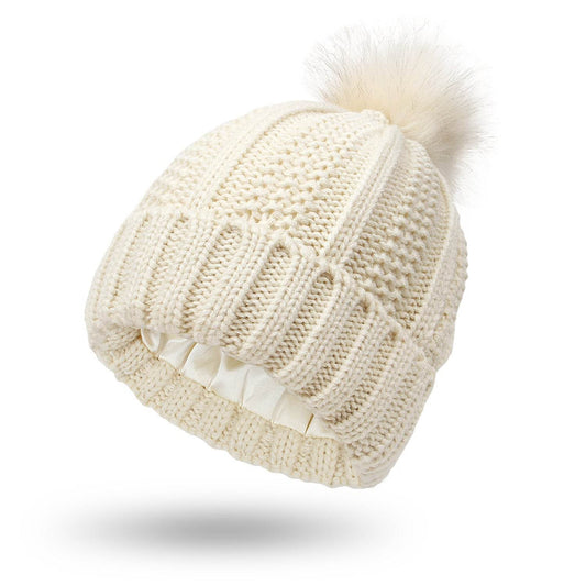 Fashion Stretchy Satin Lined Skull Knit Hats Beanie Hat For Women Faux Fur Pom Pom Hat Winter Keep Warming Beanie Hat - Here2Save