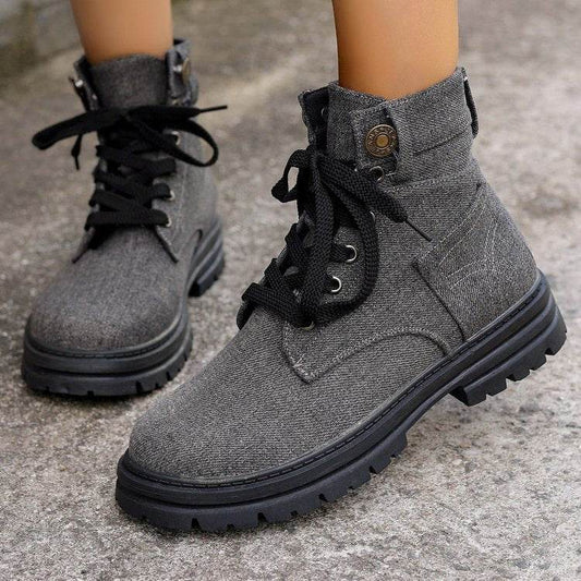 Lace-up Denim Ankle Boots Women Fashion Platform Cowboy Boots Casual Fashion Autumn Winter Round Toe Shoes - Here2Save