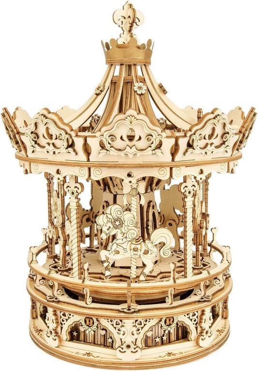 Robotime Rokr 3D Wooden Puzzles Construction Model Kit DIY Music Box Building Kits Rotating - Romantic Carousel - Here2Save
