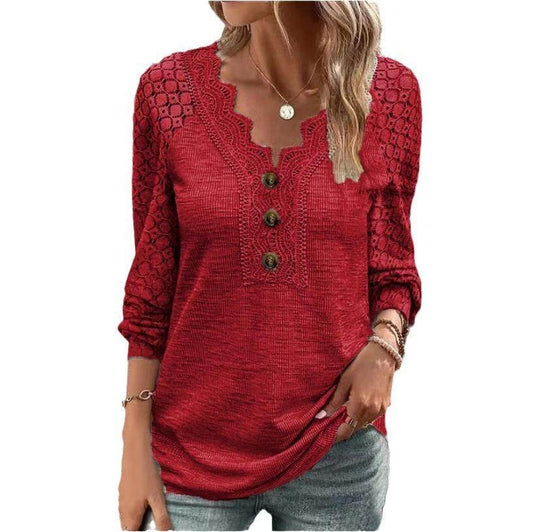 Women's Long Sleeve Shirt Leisure Pullover Slim Lace T-shirt - Here2Save