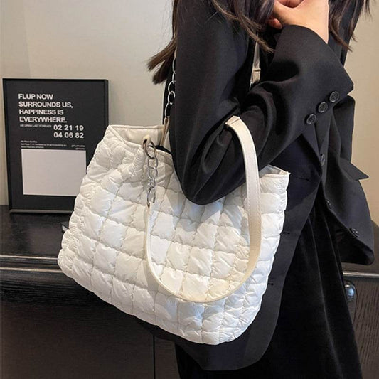 Chain Plaid Down Hanbags Large Capacity Bubble Designer Tote Bag Women's Autumn And Winter Fashion Pleated Armpit Shoulder Bag - Here2Save