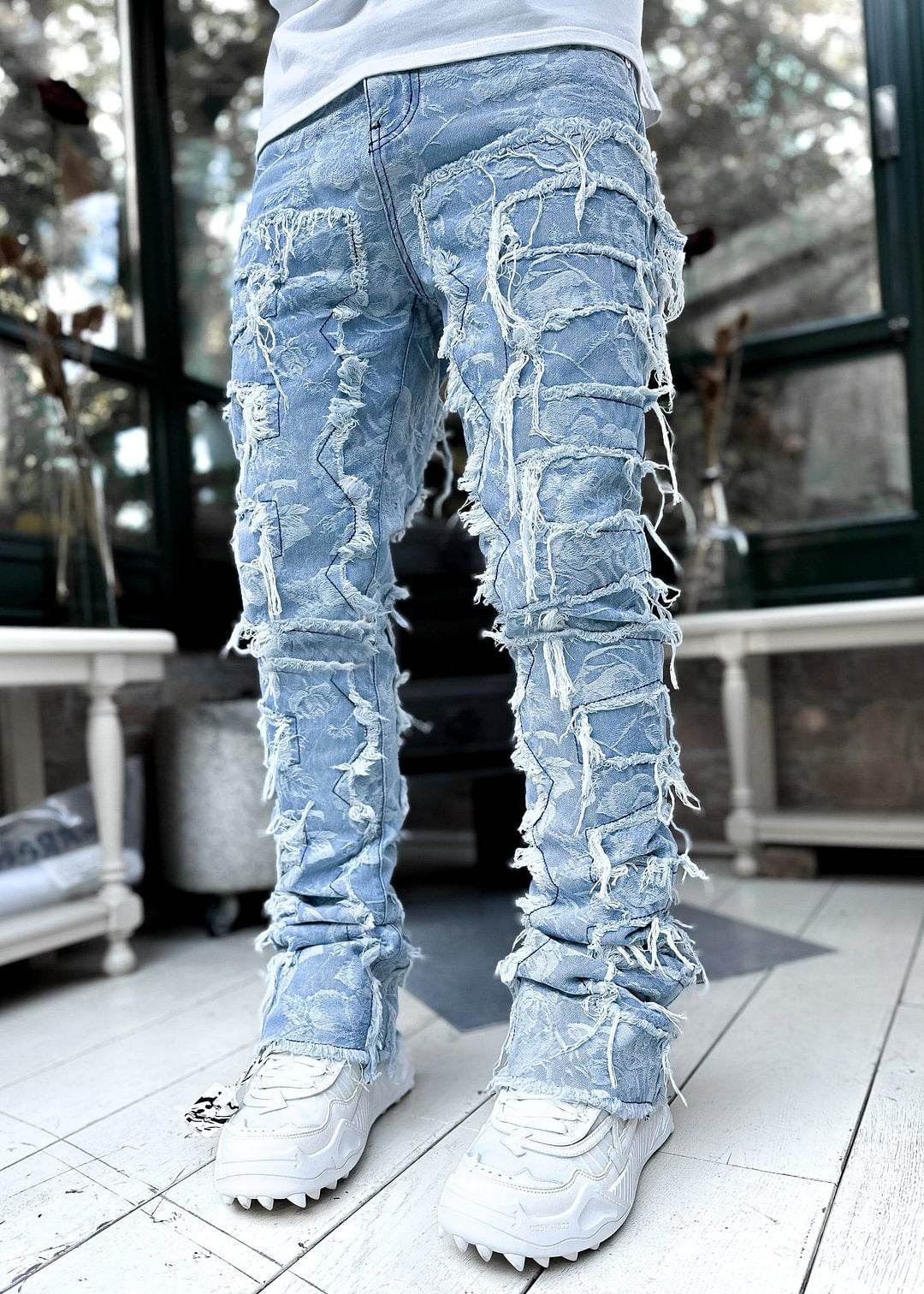 Men Trousers Individual Patched Pants Long Tight Fit Stacked Jeans For Mens Clothing - Here2Save
